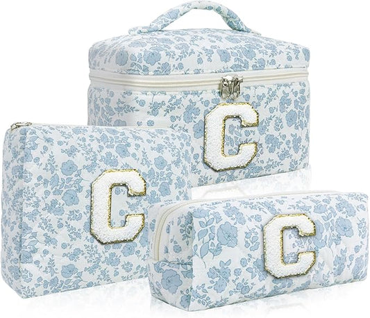 3 Pcs Travel Initial Quilted Makeup Bag set, Toiletry Personalized Floral Makeup Bag Birthday Gifts for teens girls and women, Cosmetic bags makeup organizer bag set-C