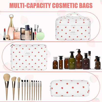 Quilted Makeup Bag Set, 3Pcs Large Checkered Corduroy Cosmetic Bags, Cute Coquette Makeup Bag Toiletry Zipper Pouch Bag for Women and Girls Checkered