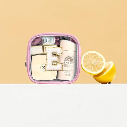LETGO Initial Travel Essentials Makeup Bag, Make Up Bag Skin Care Clear Toiletry Bag Pouch Cosmetic Bag Case Mini Makeup Bag Personalized Birthday Gifts for Women Teacher Mom Teen Friends (Pink, E)