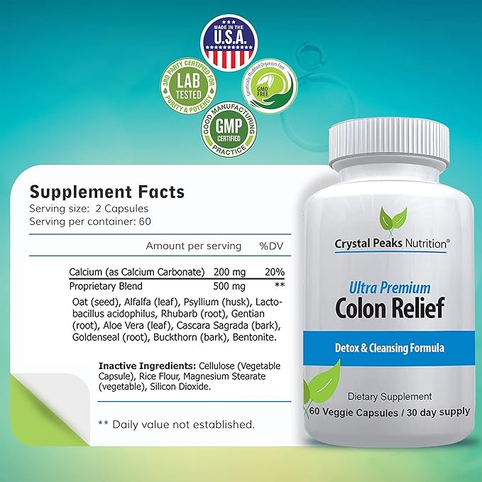Natural Colon Cleanser Capsules for Constipation Relief and Gut Cleanse Detox - Cascara Sagrada, Psyllium Husk & Bentonite (60 Capsules)