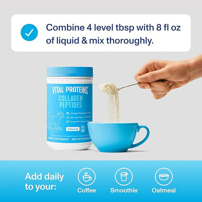 Vital Proteins Grass Fed Collagen Peptides Powder, Supports Hair, Skin, Nails, Bones, and Joints Health, Hydrolyzed Peptides - Zero Sugar, Unflavored, 9.33oz