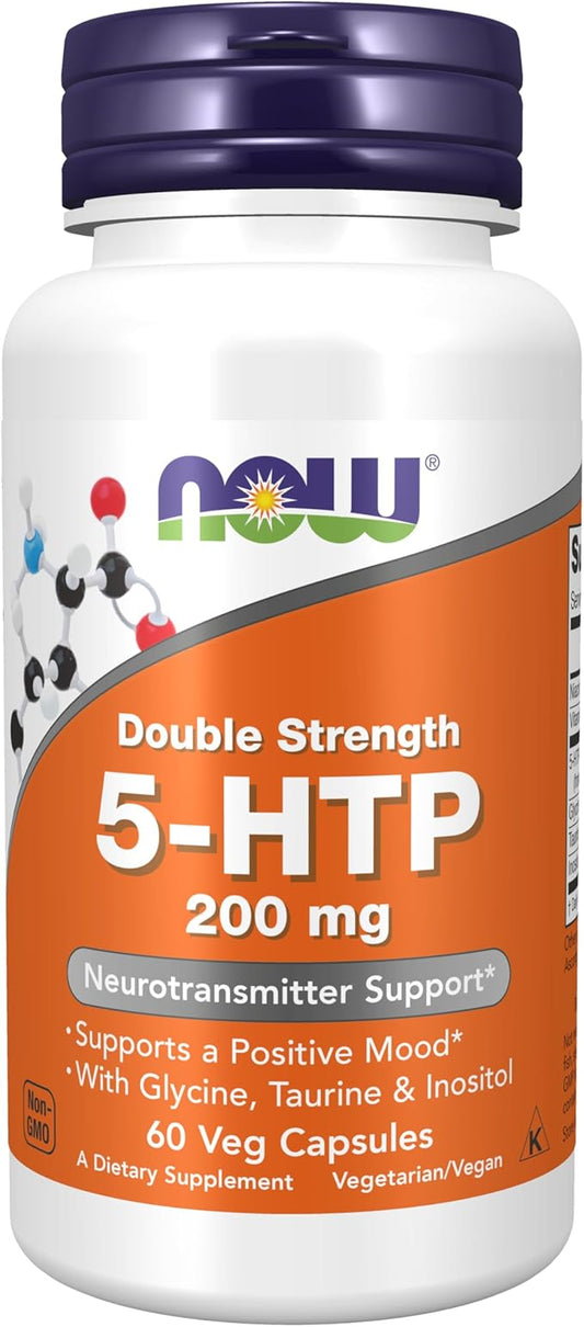 NOW Foods Supplements, 5-HTP (5-hydroxytryptophan) 200 mg, Double Strength, Neurotransmitter Support*, 60 Veg Capsules