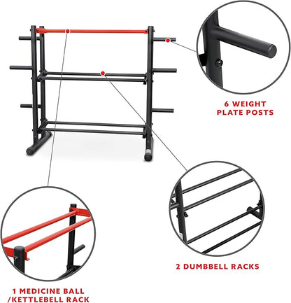 Sunny Health & Fitness Multi-Weight Storage Rack Stand for Dumbbells, Kettlebells, Olympic Weight Plates, Barbell, Medicine Ball