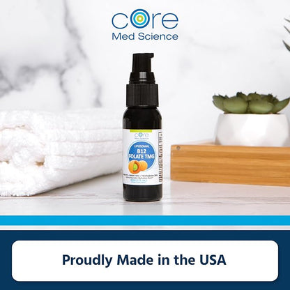 Core Med Science Liposomal B12 Folate TMG Liquid Spray Supplement for Women & Men - Supports Mood, Cognitive, & Heart Health - Vitamin B9 & Betaine for Homocysteine Levels & Methylation Cycle, 1 Fl Oz