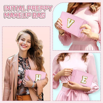 TOPEAST Preppy Makeup Bag, Cute Makeup Pouch PU Leather Waterproof Cosmetic Bag, Personalized Birthday Gifts for Mom Teacher Friends Bridesmaids Nurse, Trendy Stuff for Girls (Pink I)