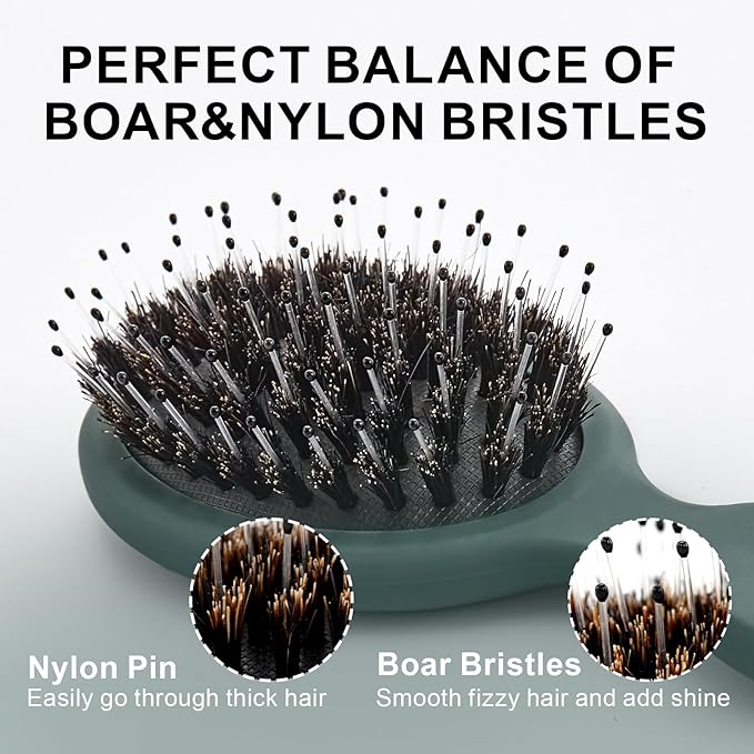 Mini Boar Bristles Hair Bursh, Travel Size Hair Brush for Women Men Kids, Protable Small Hair Brush for Pockets Purses, Mini Detangler Brush for Smooth Add Shine (1 Pack-Green)