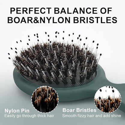 Mini Boar Bristles Hair Bursh, Travel Size Hair Brush for Women Men Kids, Protable Small Hair Brush for Pockets Purses, Mini Detangler Brush for Smooth Add Shine (1 Pack-Green)