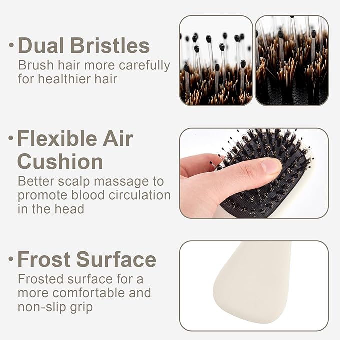 Mini Boar Bristles Hair Bursh, Travel Size Hair Brush for Women Men Kids, Protable Small Hair Brush for Pockets Purses, Mini Detangler Brush for Smooth Add Shine(White)