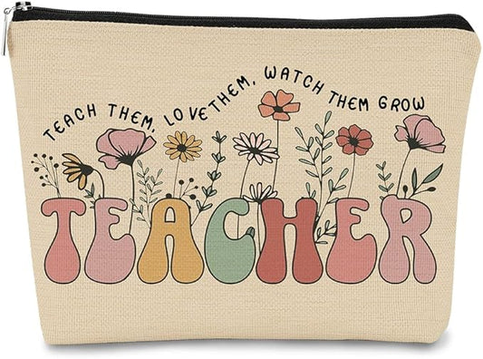 Teacher Appreciation Gifts, Thank You Teacher Gift Vintage Wildflowers Floral Cosmetic Bag, 60s 70s Groovy Retro Floral Cosmetic Bag for Women