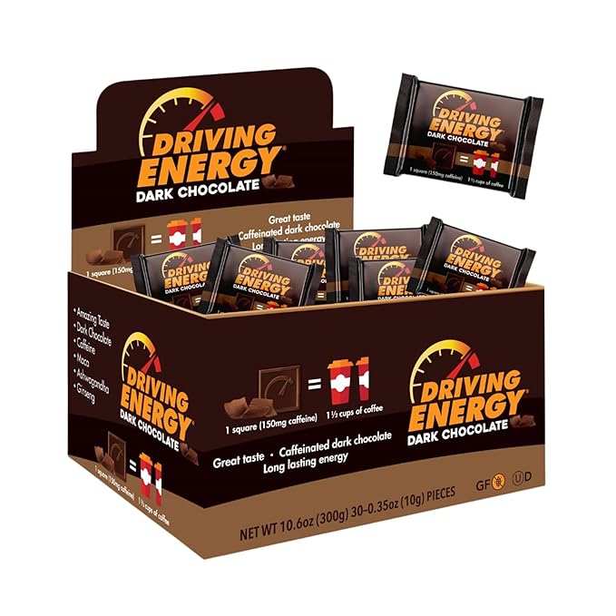 Driving Energy - Caffeinated Energy Bite Size - Dark Chocolate Energy Fuel with 150mg Caffeine - Long-Lasting Energy for Gym, Workout, Adults - Great Taste - Low Carb - Healthy Snack - 30 Count