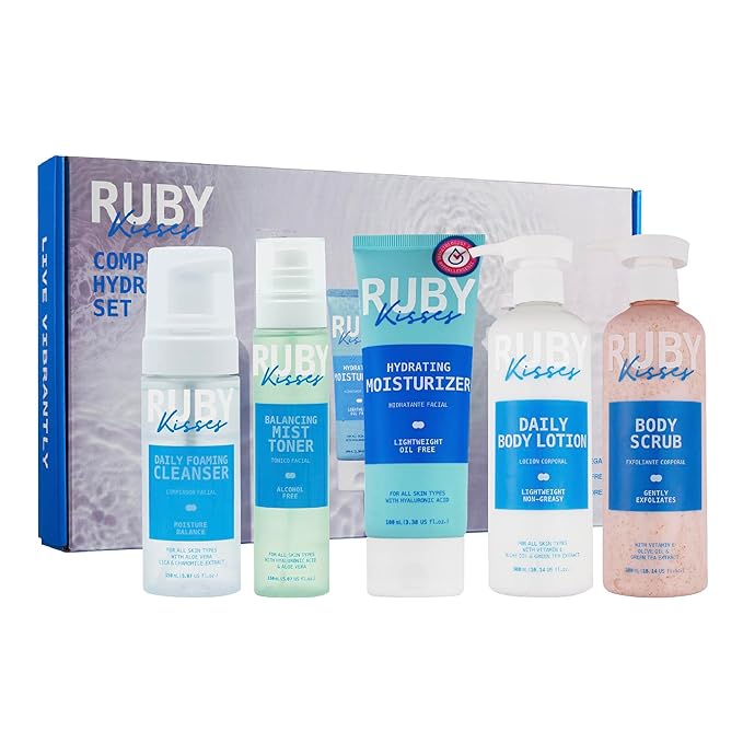 Ruby Kisses Complete Hydration Skincare Set, Face & Body Essentials, Includes Daily Foaming Cleanser, Balancing Mist Toner, Daily Body Lotion, Gentle Body Scrub, Korean Skincare