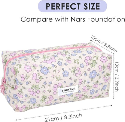 Coquette Makeup Bag Cosmetic Bag for Women, Handmade Cotton Quilted Pouches Reusable Travel Toiletry Bag Organizer Brushes, Beige Flowers