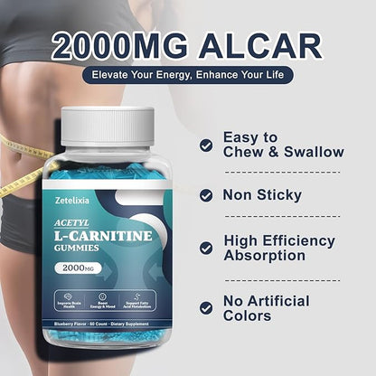 Acetyl L-Carnitine Gummies 2000mg, L-Carnitine Supplement with Vitamin C & B12, ALCAR for Energy, Brain & Mood Support, Fatty Acid Metabolism, Vegan, Non-GMO, Sugar Free, 60 Count