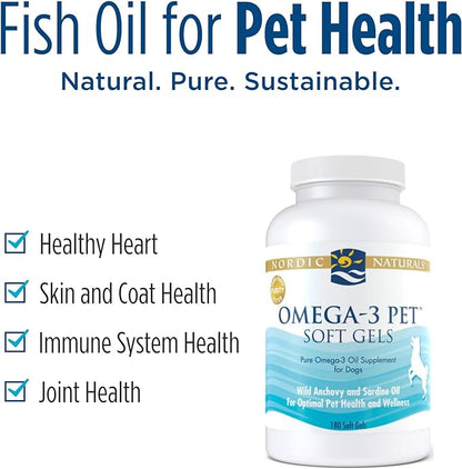 Nordic Naturals Omega-3 Pet, Unflavored - 180 Soft Gels - 330 mg - Fish Oil for Dogs with EPA & DHA - Promotes Heart, Skin, Coat, Joint, & Immune Health