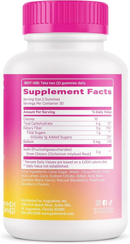 Pink Stork Prenatal Fiber Gummies for Women - 3g Prebiotic Inulin from Chicory Root - Natural Pregnancy & Postpartum Stool Softeners for Constipation & Digestive Health - 60 Vegan Fiber Chews