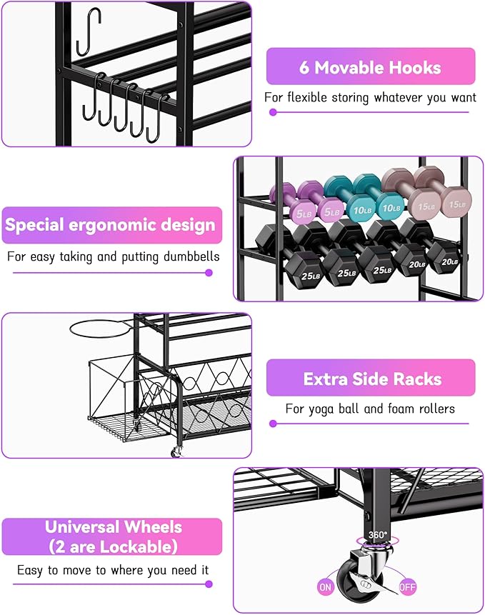Home Gym Organizer All-in-One Yoga Dumbbell Rack Kettlebell Sets Holder, for Workout Exercise Equipment, Yoga Mat, Fitness Accessories, Home Gym Equipment Storage with Wheels