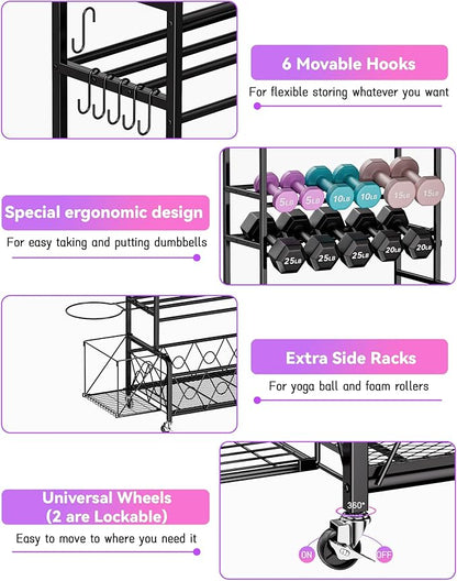 Home Gym Organizer All-in-One Yoga Dumbbell Rack Kettlebell Sets Holder, for Workout Exercise Equipment, Yoga Mat, Fitness Accessories, Home Gym Equipment Storage with Wheels