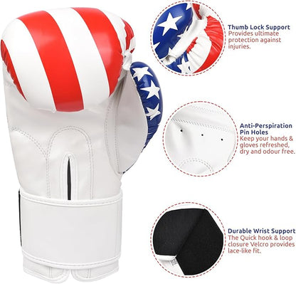 USA Flag Boxing Gloves for Men & Women, Boxing Training Gloves, Kickboxing Gloves, Sparring Punching Gloves, Heavy Bag Workout Gloves for Boxing, Muay Thai, American Flag Boxing Gloves