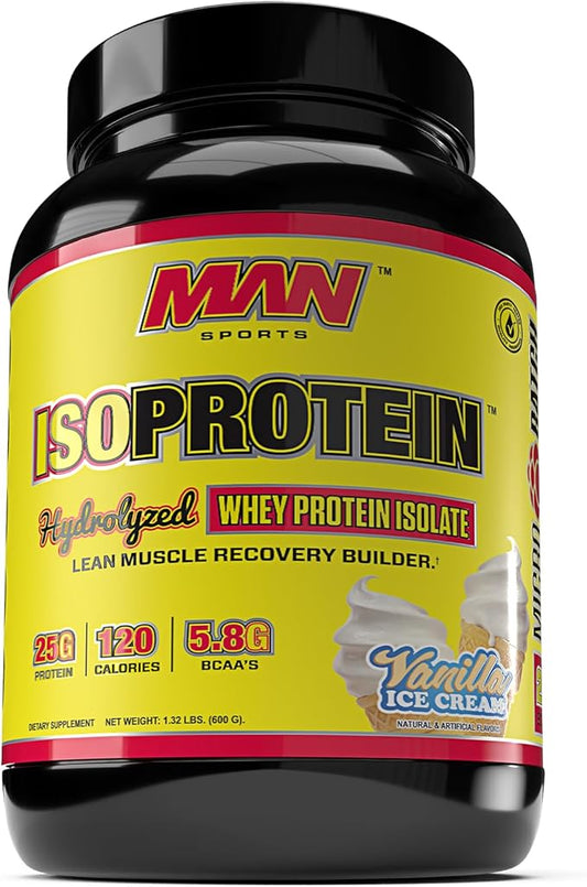 Man Sports ISO-Protein Hydrolyzed 100% Pure Whey Protein Isolate Powder, Vanilla Ice Cream, 1.32 Pounds (20 Days Supply)