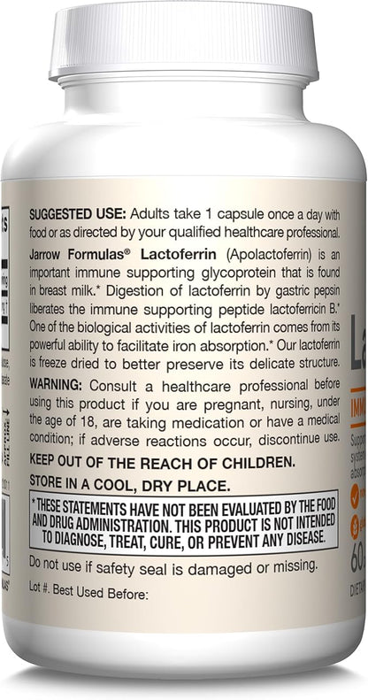 Jarrow Formulas Lactoferrin 250 mg - Immune-Supporting Glycoprotein - For Healthy Immune System Support & Iron Absorption - Freeze Dried - Gluten Free - Non-GMO - 60 Capsules (Servings)