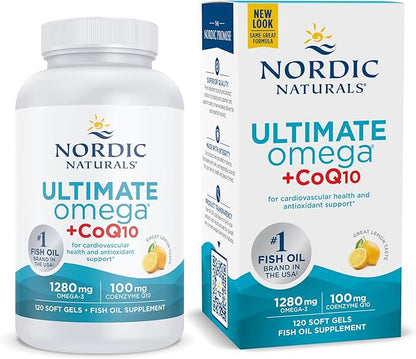 Nordic Naturals Ultimate Omega + CoQ10, Lemon - 120 Soft Gels - 1280 mg Omega-3 + 100 mg CoQ10 - Heart Health, Cellular Energy, Antioxidant Support - Non-GMO - 60 Servings