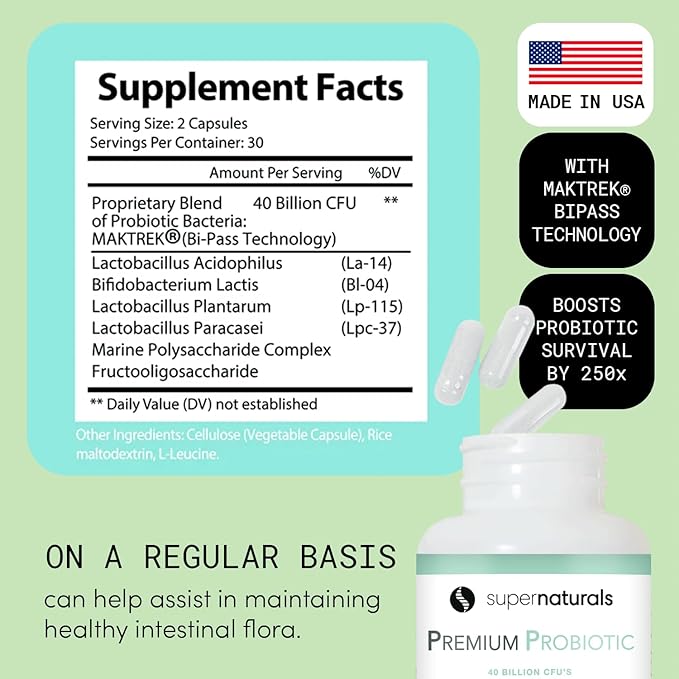 Premium Probiotics, 40 Billion CFU Probiotics for Digestive Health, Made with MAKTrek Bipass Technology, Women & Mens Probiotics for Gut Health, 60 Probiotic Capsules
