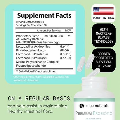 Premium Probiotics, 40 Billion CFU Probiotics for Digestive Health, Made with MAKTrek Bipass Technology, Women & Mens Probiotics for Gut Health, 60 Probiotic Capsules