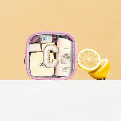 Initial Make Up Bag Travel Toiletry Bag, Small Clear Makeup Bag Preppy Cosmetic Bags Organizer Travel Essentials Gifts for Women Teen Girlfriend Teacher Mom Brithday Back to School Gifts (Pink, C)
