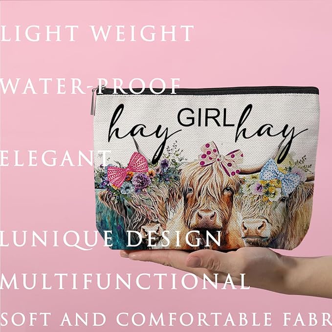ZHAMEN Vintage Funny Cow Print Stuff Farm Animals Western Makeup Bag Stuff Graduation Mothers Day Birthday Cow Gifts for Girls Women Lovers Friends Daughter Sister Coworker Cosmetic Bag Hay girls Hay