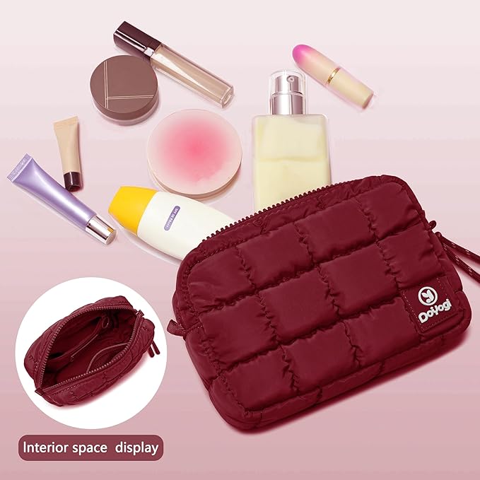 Quilted Cosmetic Bag, Puffer Makeup Bags, Crossbody Purses for women,Cute Travel Toiletry Bag for Women (Wine Red)