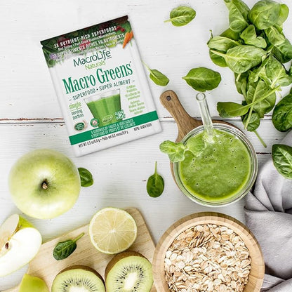 MacroLife Naturals Macro Greens Powder 38 Superfood Probiotic Antioxidant Enzyme & Herbal Supplement Immunity Energy Cleanse - Non-GMO Vegan Gluten-Free Dairy-Free - 12 Packet Servings