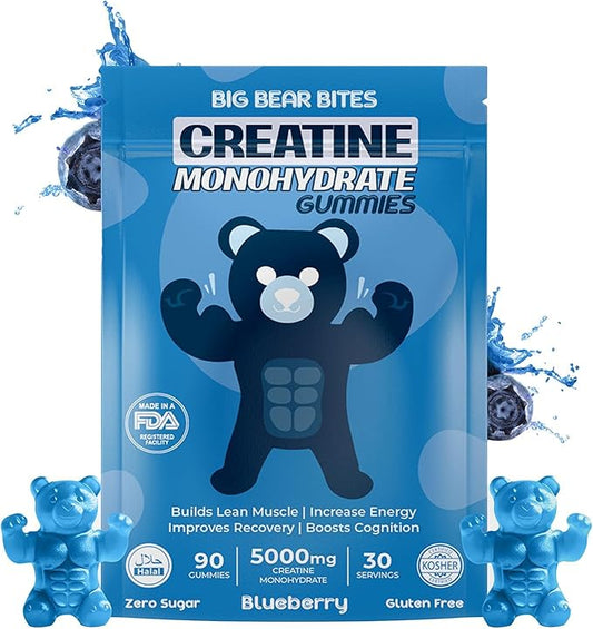 Creatine Monohydrate Gummies for Men & Women | 5000mg of Creatine Gummies per Serving | Sugar Free Gummies, Gluten Free & Halal | Pack of 90 Pre Workout Gummies for Muscle Recovery | Blueberry Flavor