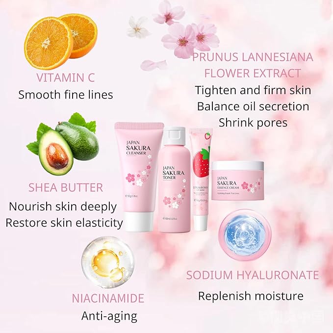 Cherry Blossom Skincare Set Women Gifts - Skin Care Set Hydrating - Skincare for Girls 10-12 Moisturizing - Travel Kit with Cleanser,Toner,Lip Mask,Cream(One Size, Cherry Blossom 6PCS Scent)