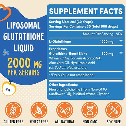 2000MG Liposomal Glutathione Liquid, 98% Absorption, Glutathione Liquid Supplement, Active Form L- Glutathione, Powerful Antioxidant Non-GMO for Immune System, Aging Defense, Detox, 2 FL.OZ