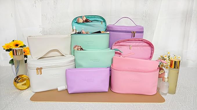 Travel Cosmetic Bag for Women, PU Leather Cosmetic Bag Set of 2, Waterproof, Large Makeup Bag with Handle (Turquoise makeup bag)