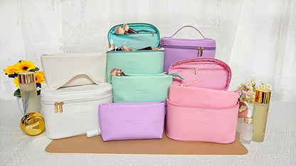 Travel Cosmetic Bag for Women, PU Leather Cosmetic Bag Set of 2, Waterproof, Large Makeup Bag with Handle (Turquoise makeup bag)