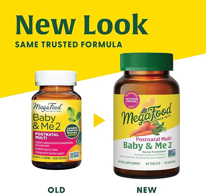 MegaFood Baby & Me 2 Postnatal Vitamins for Breastfeeding Moms with Folate (Folic Acid Natural Form), Choline, Iodine, Vitamin D, Moringa Leaf and More - 120 Tabs (60 Servings)