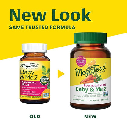 MegaFood Baby & Me 2 Postnatal Vitamins for Breastfeeding Moms with Folate (Folic Acid Natural Form), Choline, Iodine, Vitamin D, Moringa Leaf and More - 120 Tabs (60 Servings)