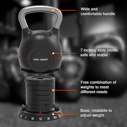 7-in-1 Adjustable Kettlebell, Quick-Adjust Kettlebell for Strength Training, 5-44 LBS Adjustable Weights for Home Gym
