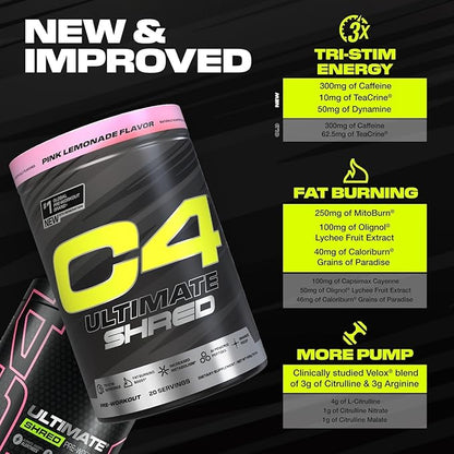 Cellucor C4 Ultimate Shred Pre Workout Powder, Metabolism Supplement with Cayenne Extract+300mg Caffeine+TeaCrine+Dynamine - Pink Lemonade, 20 Servings