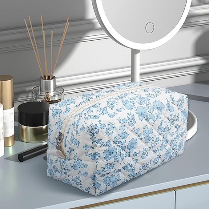 Quilted Makeup Bag,Small Travel Floral Cosmetic Bag Cute Pouch,Cotton Makeup Brushes Storage Bag for Women
