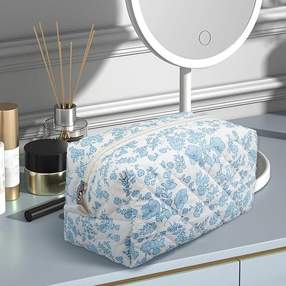 Quilted Makeup Bag,Small Travel Floral Cosmetic Bag Cute Pouch,Cotton Makeup Brushes Storage Bag for Women