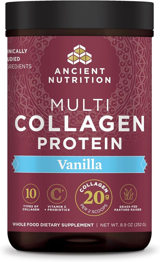 Ancient Nutrition Hydrolyzed Collagen Peptides Powder with Probiotics, Vanilla Multi Collagen Protein for Women and Men with Vitamin C, 24 Servings, Supports Skin and Nails, Gut Health, 8.9oz