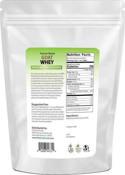 Z Natural Foods Goat Whey Protein Powder Concentrate - Undenatured, Unflavored, Pasture Raised Whey - Clean Goat Protein Powder with Vital Proteins for Weight Management, Immune Support, Fitness, 5 lb