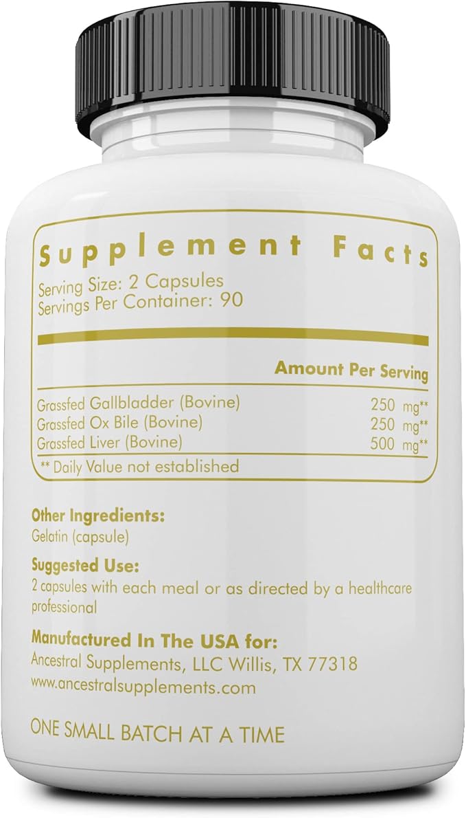 Ancestral Supplements Grass Fed Beef Gallbladder Supplements with Ox Bile and Liver, 1000mg, Liver and Gallbladder Support Complex Promotes Gallbladder & Digestive Health and Bile Flow, 180 Capsules