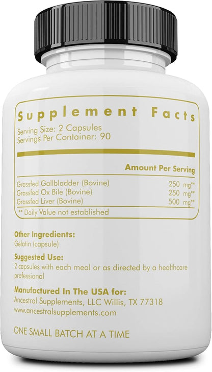 Ancestral Supplements Grass Fed Beef Gallbladder Supplements with Ox Bile and Liver, 1000mg, Liver and Gallbladder Support Complex Promotes Gallbladder & Digestive Health and Bile Flow, 180 Capsules