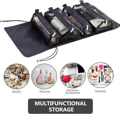 Roll Up Makeup Bag, Hanging Toiletry Bag, 4 in 1 Detachable Cosmetic Bag, 4 Removable Storage Bags, Travel Makeup Organizer Bags for Women Men(Black)
