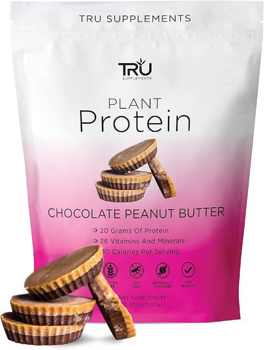 TRU Plant Based Protein Powder, BCAA, EAA, 20g Vegan Protein, 100 Calories, 27 Vitamins, No Artificial Flavors 25 Servings (Chocolate Peanut Butter)
