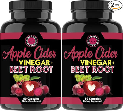 Angry Supplements Apple Cider Vinegar + Beet Root Powder Capsules, Pure ACV Beetroot 1000mg per Serving, Nitric Oxide Booster & Digestive Health for Men and Women 60ct, 2 Pack (120ct Total)