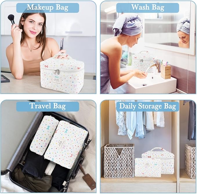 3Pcs Cotton Quilted Makeup Bag Set,Large Floral Cosmetic Bag，Aesthetic Toiletry Travel Makeup Bag Set and Cute Flower Bag for Women Girls (Apricot Colored Dot)